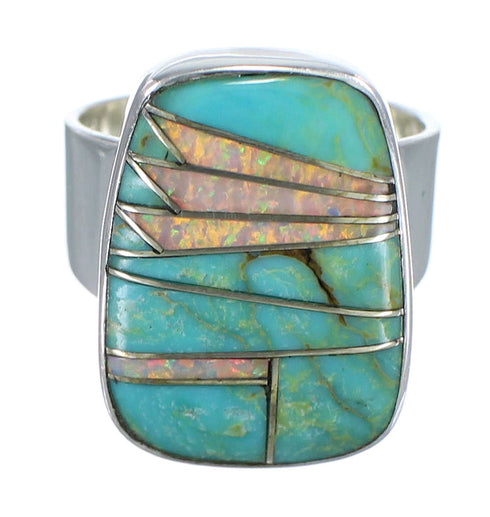 Turquoise And Opal Inlay Sterling Silver Southwestern Ring Size 5 AX83283